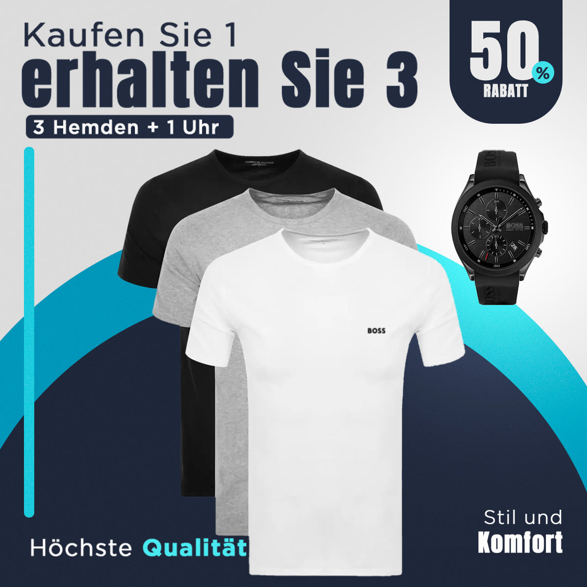 [KAUFEN SIE 1 NEHMEN SIE 4] Kit 3 Boss T-Shirts + Polo-Uhr als Geschenk