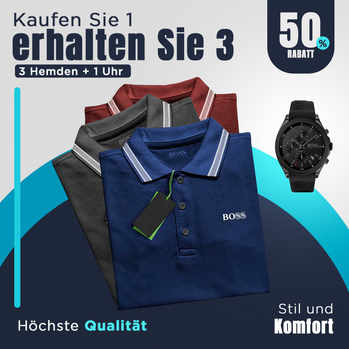 [KAUFEN SIE 1 NEHMEN SIE 4] Kit 3 Boss Essential T-Shirts + Boss -Uhr als Geschenk